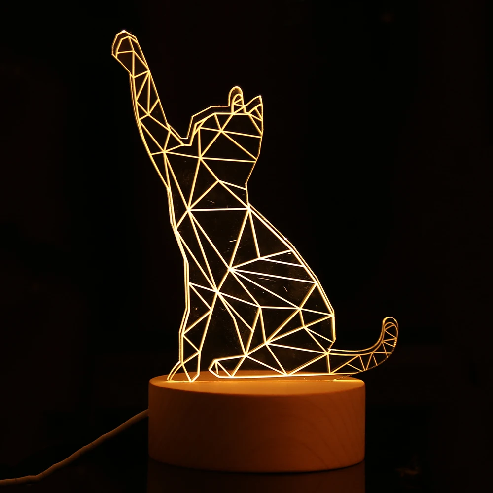 3d Mačka Led Nočné Svetlo Nabíjania cez Usb Zvierat Tvar Výzdobu Lampa Deti Nočné Lampy S Drevenou Základňou Pre Izba Vnútorné Svetlo