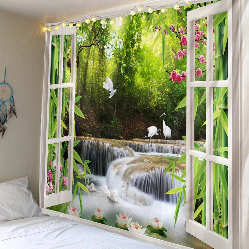 3D okno, krásne scenérie gobelín stene visí zelená borovicového lesa vodopád gobelín gng handričkou spálne, obývacia izba, spálňa