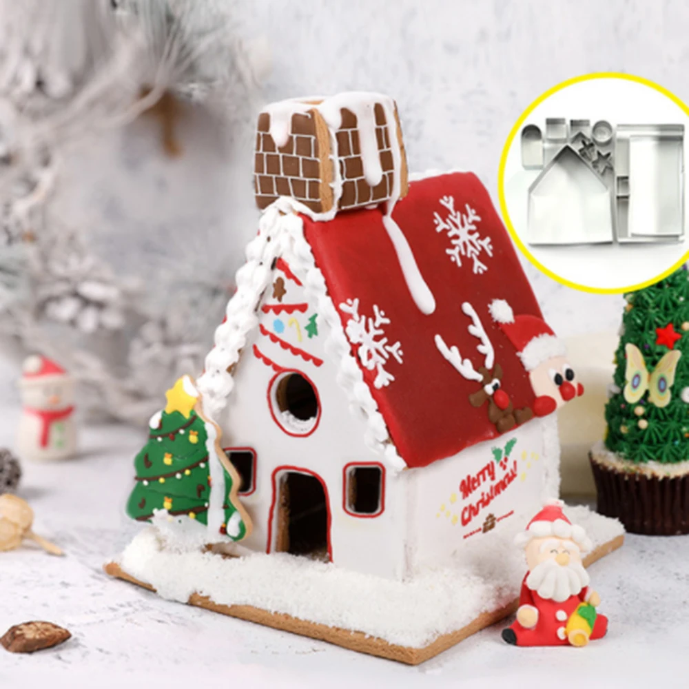3D Vianočný Perník Dom Cookie Cutter Nastaviť Nehrdzavejúcej Ocele Cookie Biscuit Formy Fondant Fréza DIY Pečenie Nástroje Party Decor