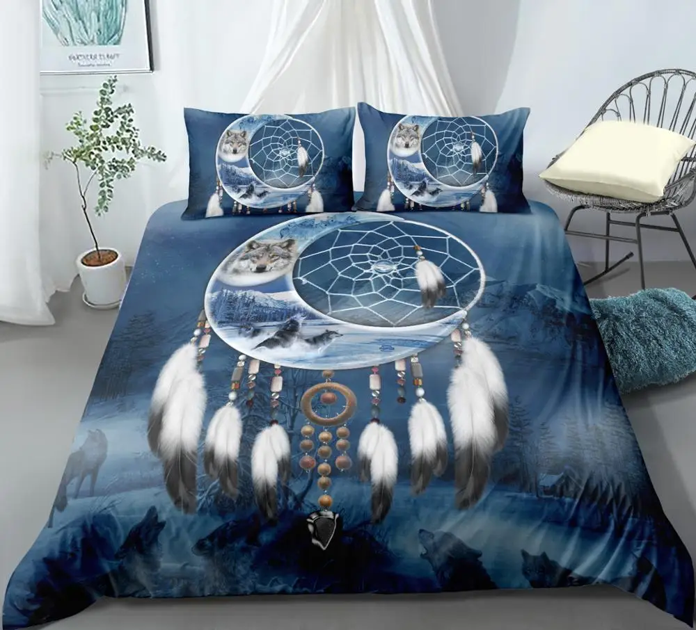 3D zvierat tlač posteľná bielizeň sady tmavo modré pozadie vlk vytlačené na mesiaci prívesok v tvare tlač posteľná bielizeň sady 2/3 ks