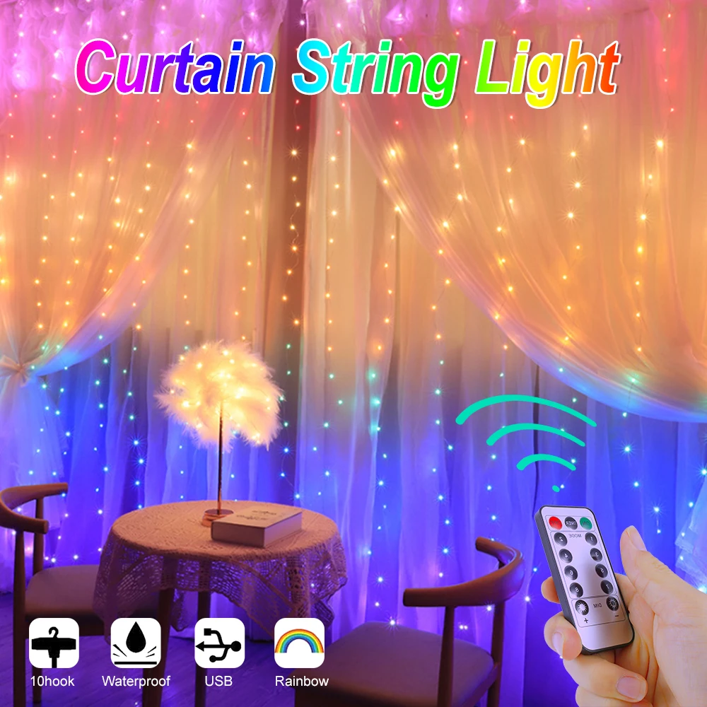 3x3M Rainbow Opony String Svetlá, Svetlá Izba Dekor 8Modes Vodotesný LED Záves Rozprávkových Svetiel Stenu Garland s Háčikmi Diaľkové
