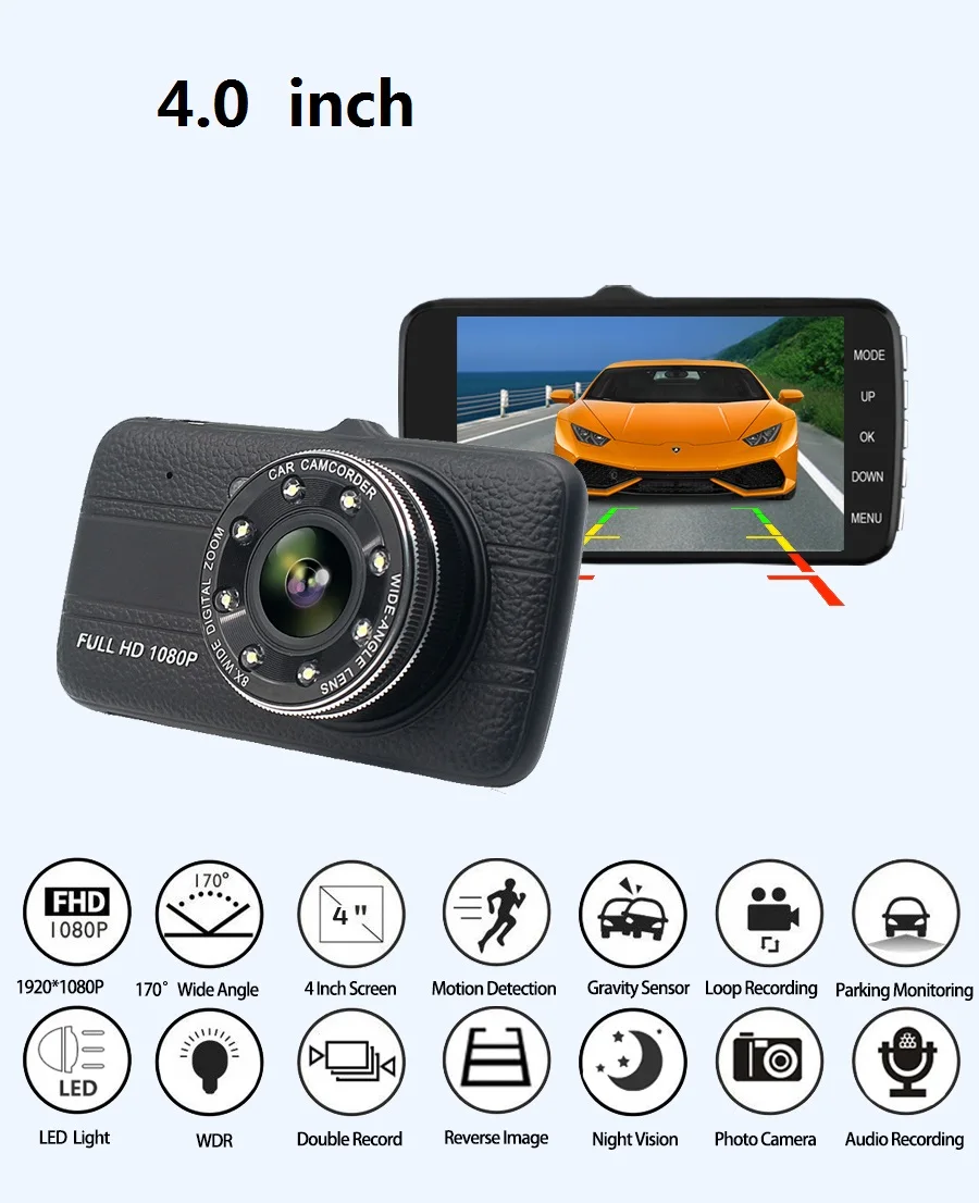 4.0 Palca s rozlíšením 1080P HD Dash Cam Auta DVR Kamera Rekordér S G-senzor 170 Stupňov Široký Pozorovací Auto Dashcam Nočné Videnie Videokamera