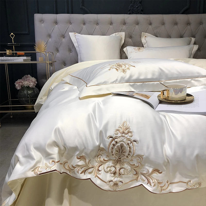 4 Kusy Luxusná Saténová Bavlna Výšivky posteľná bielizeň sady Dvojité Kráľovná King size postelí perinu posteľ list nastaviť obliečky na Vankúše