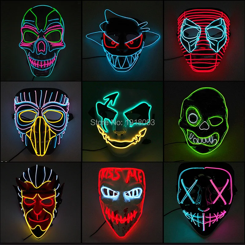 42 Štýle Hot Predaj Halloween LED Strany Maska LED Blikajúce Maškaráda Masky Horor Maska EL Žiariace Novosti Darček Strany Masky