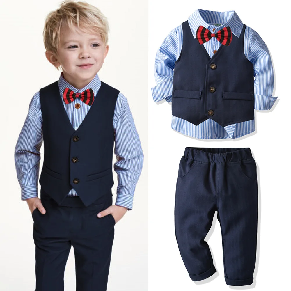 4pcs Chlapčenské Obleky, Detské Pruhované Tričko, Vesta Formálne Nohavice Sako Britský Gentleman Cardigan Svadby Oblečenie Nastaviť Deti Zdobiť Bunda
