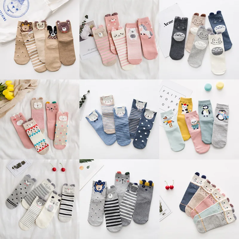 5 Párov Jeseň/zima Dámy Ponožky Japonský Trend Stredné Trubice Bavlnené Ponožky pre Ženy, Troch-dimenzionální s Roztomilý Zvieratá