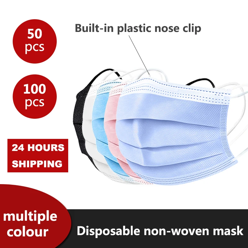 50/100ks Jednorazové Masku na Tvár Non Wove 3 Vrstvy Vrstva Filter Proti prachu Bezpečnosti Priedušná Maska Earloops Masky pre Dospelých Úst Masky