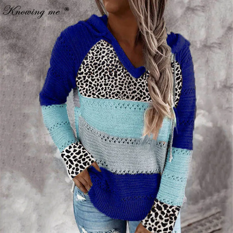 5XL Leopard pletený sveter Ženy zimné sexy V Krku patchwork s Kapucňou sveter Žena Jeseň dlhý rukáv pulóvre topy kintwear