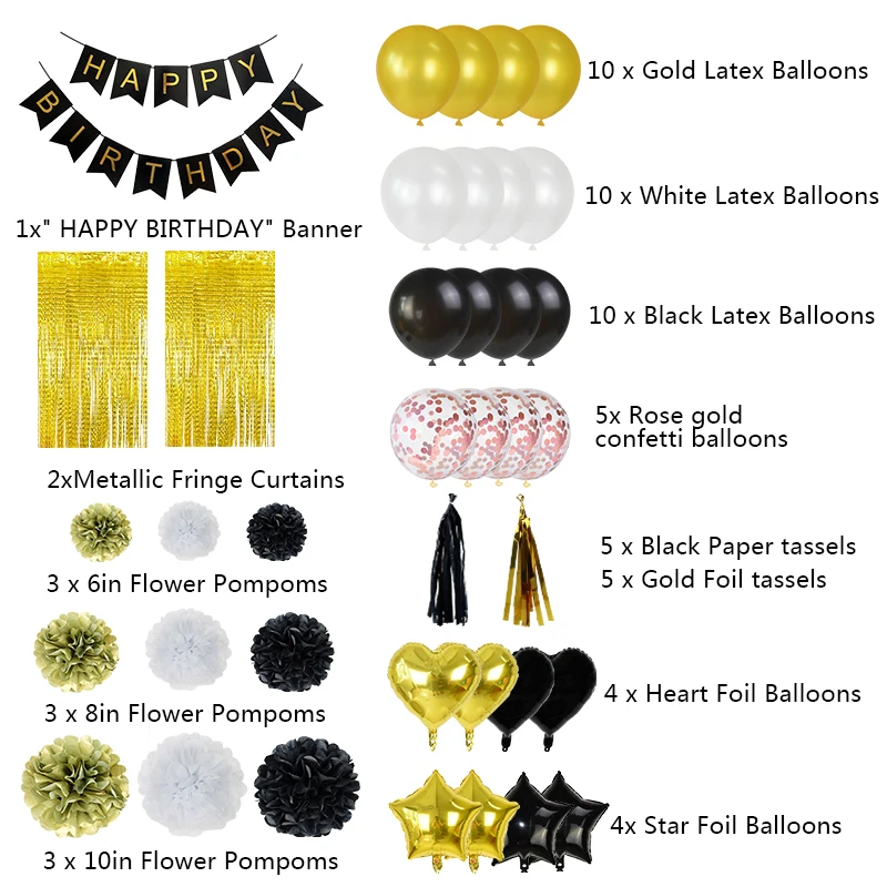 65Pcs/set Black Gold Party Dekorácie DIY Fólie Pozlátko Pozadí Happy Birthday Banner s Konfetami Latexový Balón Pompom Kvet