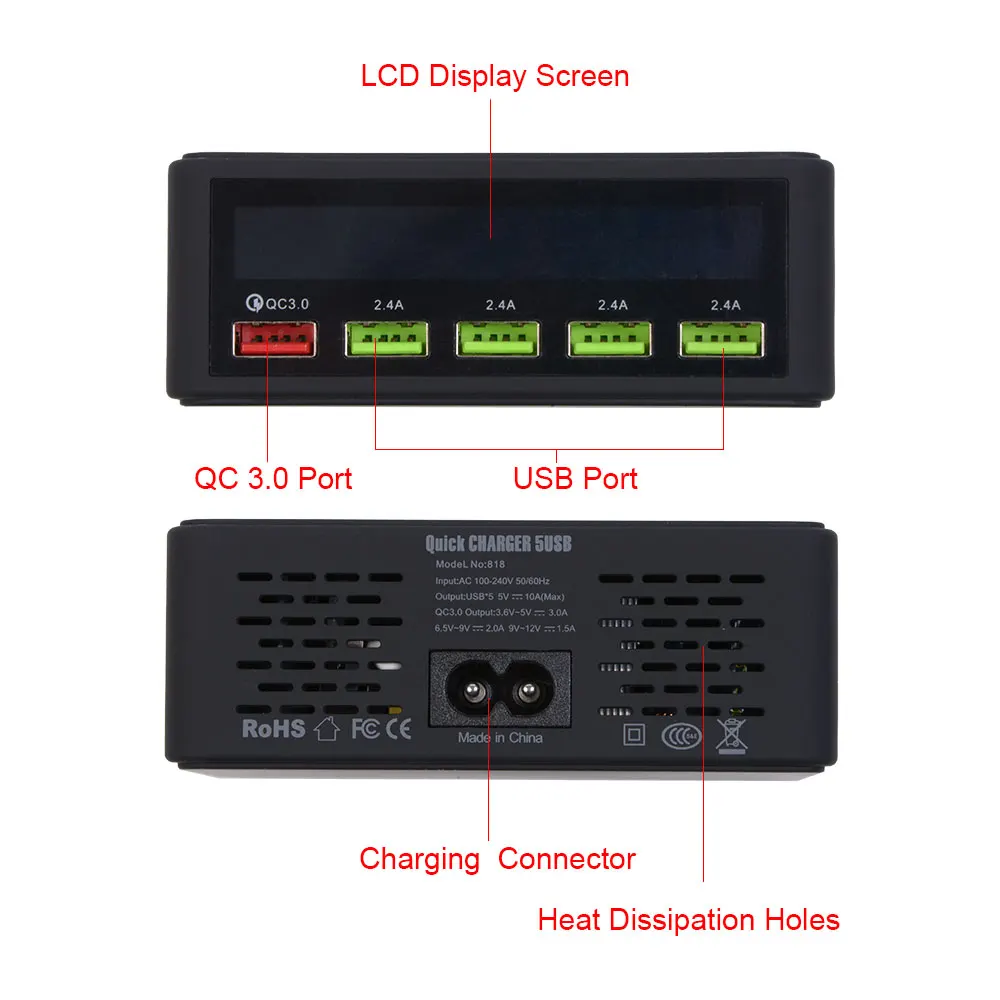 818 NÁS Plug 5 USB Výstupy, sieťový Adaptér So 4 USB Porty A Rýchle Nabíjanie USB 3.0 Port Inteligentný LCD Displej Aktivovať Batérie