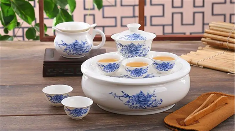8pcs nastaviť, fine bone china gongfu čaj nastaviť, keramické gaiwan čínsky čajový set s táckou, porcelán kung fu čajový obrad, čaj cestovanie