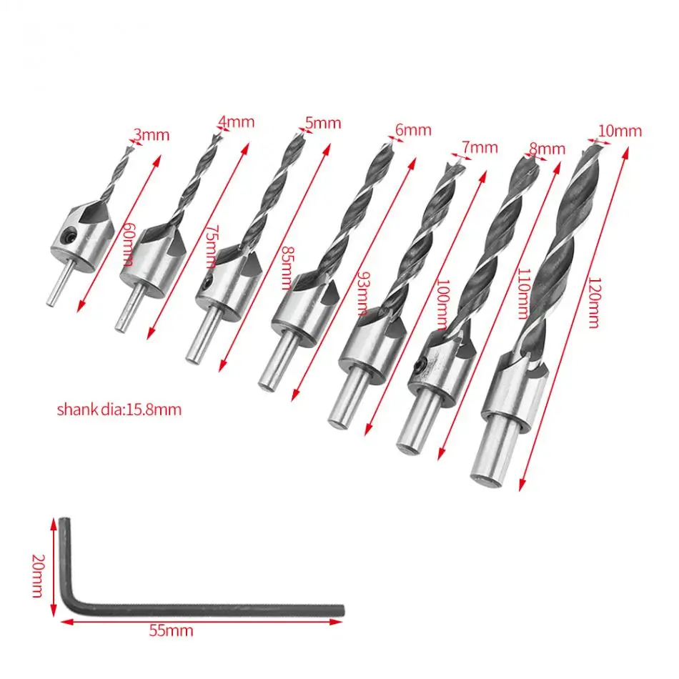 8Pcs/set 5 Flauta Countersink Vŕtačky Bit 3-10 mm HSS Vrtáky Bit Výstružníky Nastaviť Pre Drevospracujúci Chamfer S Hex ručného Náradia