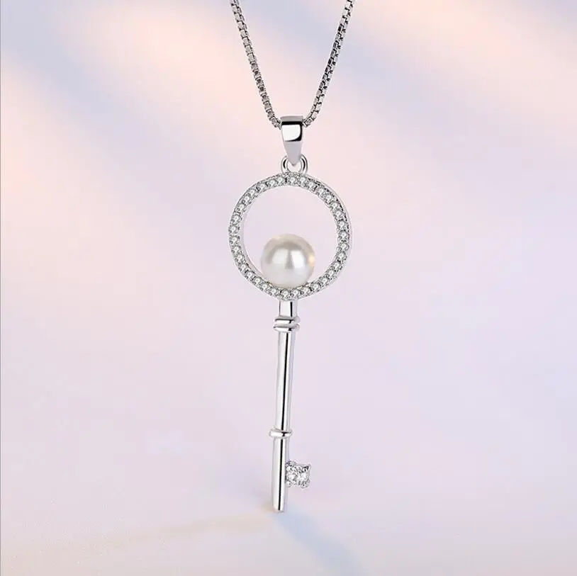 925 Sterling Silver Nová Žena Jemné Šperky Vysokej Kvality Crystal Pearl Zirconia Tlačidlo Duté Prívesok Náhrdelník Dĺžka 45 CM