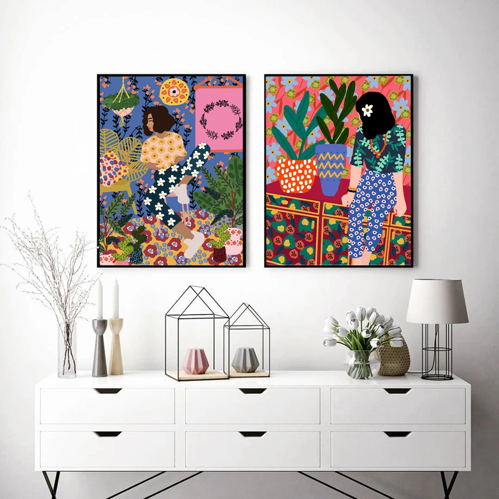 Abstrakt Dievča Vlasy Kvetinové Módne Wall Art Plátno Na Maľovanie Nordic Vintage Plagáty Vytlačí Obrazov Na Stenu Pre Obývacia Izba Bez Rámu
