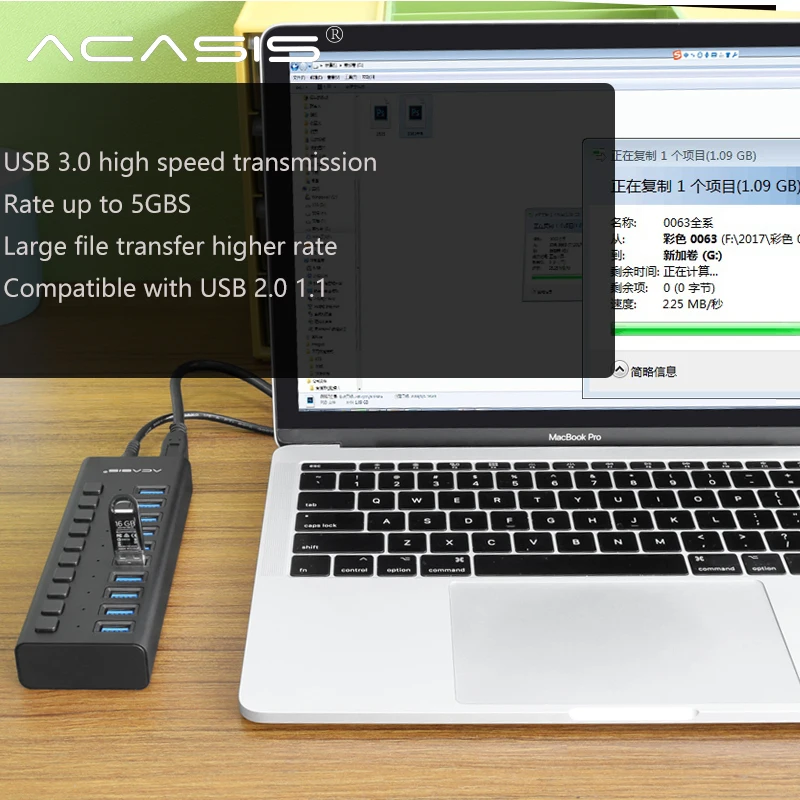 Acasis ROZBOČOVAČ USB 3.0 10 Portov Super Speed 5Gbps Prenosné USB 3.0 HUB Rozbočovač So Externý Napájací Adaptér Pre PC Príslušenstvo