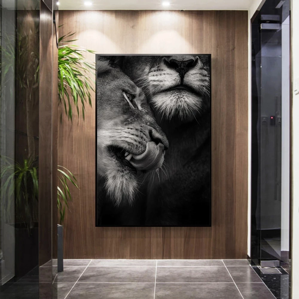 Africké Divokého Milenca Lions Plátno na Maľovanie Čiernej a Bielej Zvieratá Plagáty a Tlačí na Steny Umenie Fotografie pre Obývacia Izba Domova