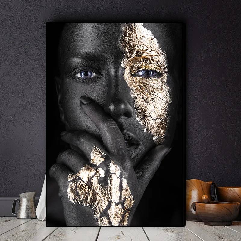 Africké Umenie Čierna a Zlatá Žena, olejomaľba na Plátne Cuadros Plagáty a Vytlačí Škandinávskych Wall Art Obrázok pre Obývacia Izba