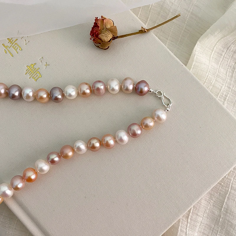 ASHIQI Prírodné sladkovodné perlový náhrdelník 925 sterling silver Tlačidlo Šperky pre ženy 2021 Nové
