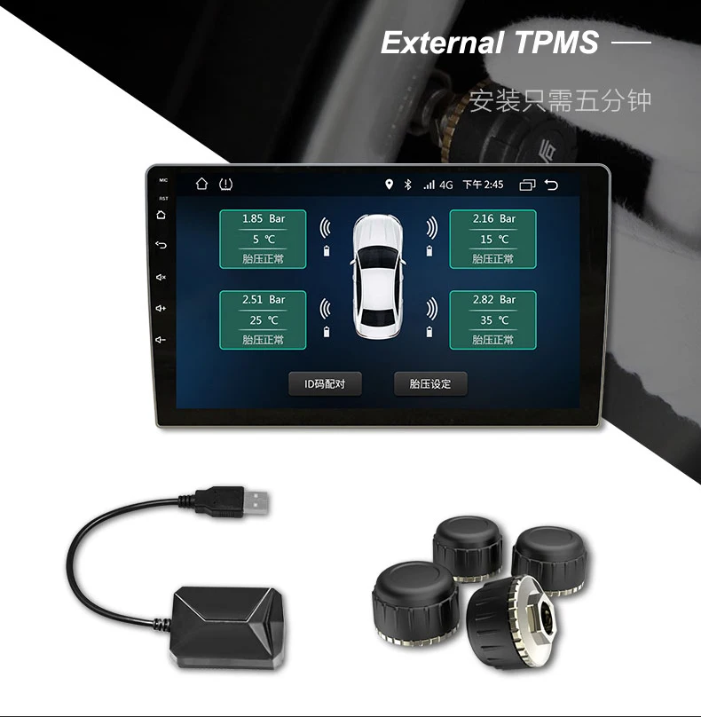Auto TPMS USB Sledovanie Tlaku v Pneumatikách safty Systém Pre Android 9.0 Auto DVD Prehrávač, 4 Senzory Alarm Pneumatiky Teplota