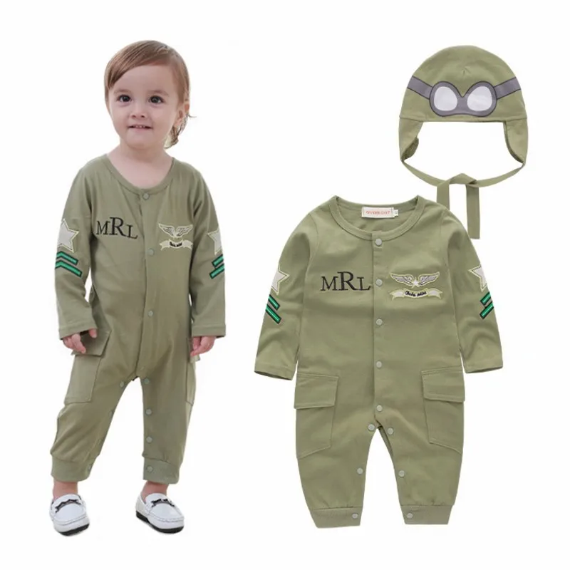 Baby Boy Dieťa Zelené Plné Rukávy Pilot Letec Romper+Klobúk 2ks Nastaviť Playsuit Oblečenie Jumpsuit Remienky Bavlna Kostým