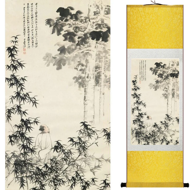 Bambusové Maľovanie Home Office Dekorácie Čínsky prejdite maľovanie borovica, bambusové a žltá plum20190905067