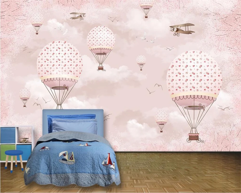 Beibehang Prispôsobiť tapetu nástenná maľba Ružová cartoon teplovzdušný balón lietadla detí steny 3d tapeta carta da parati behang