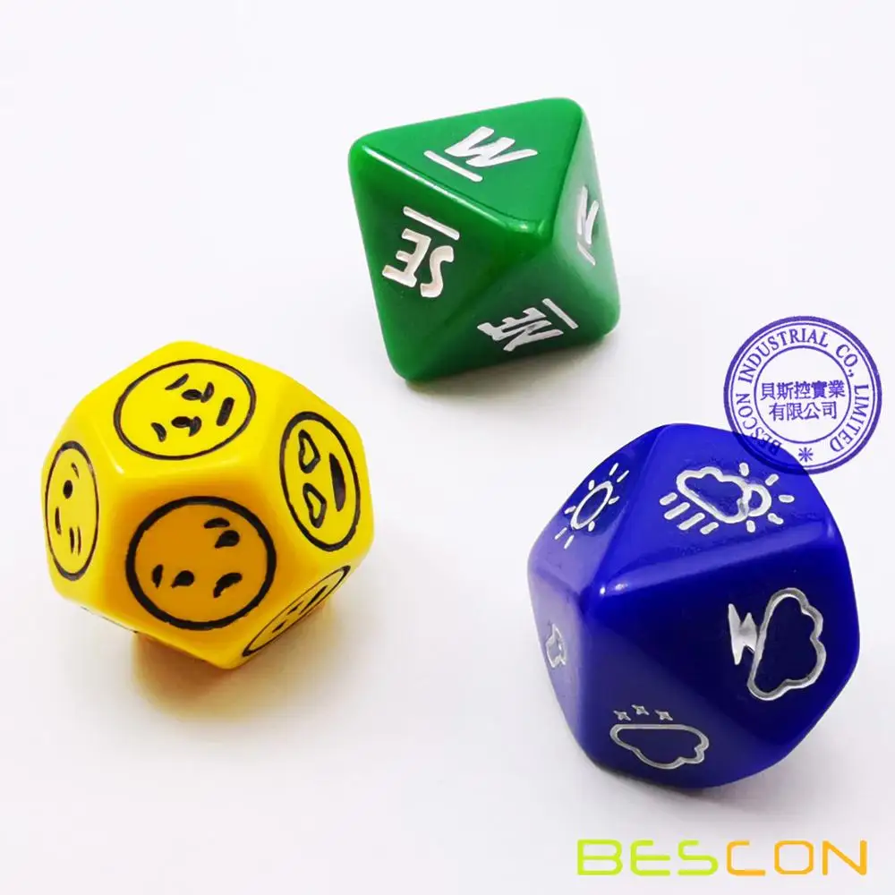 Bescon je Emócia, Počasie a Smer Dice Set, 3 ks Vlastnícke Polyhedral RPG Dice Set v Modrej, Zelenej, Žltej