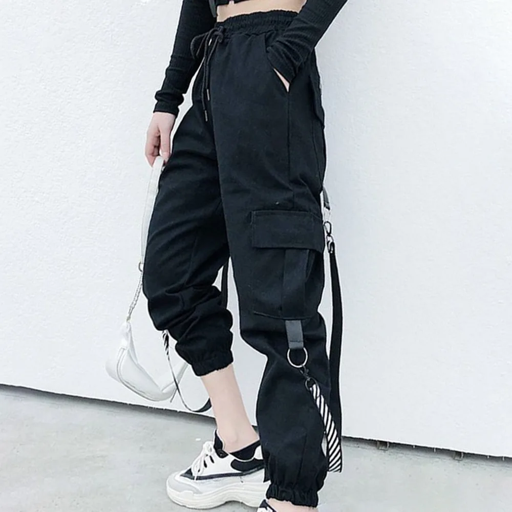 BF Štýl Cargo Nohavice Ženy v Pohode Streetwear Prekladané Páse s nástrojmi Gotický Voľné Hip Hop Tepláky Jogger Tmavo Čierne Goth 2020 Jeseň