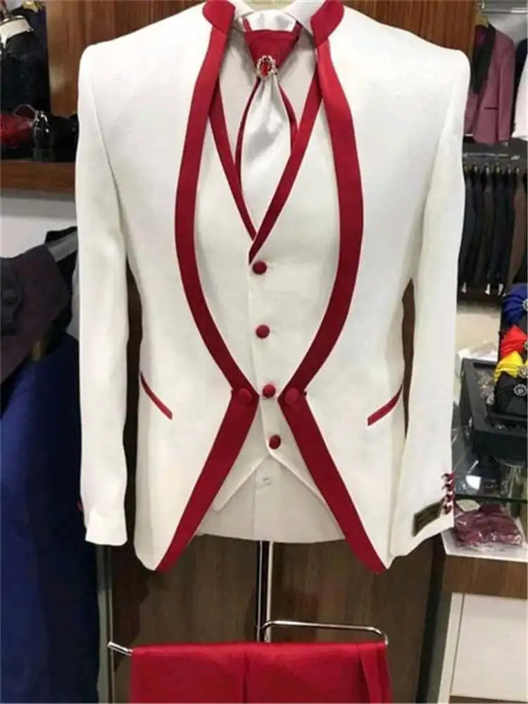 Biela Červená Rim Fáze Oblečenie Pre Mužov, ktoré Vyhovovali Nastaviť Pánske Svadobné Obleky, Kostýmy Ženícha Smoking Formálne (Bunda+nohavice+vesta)