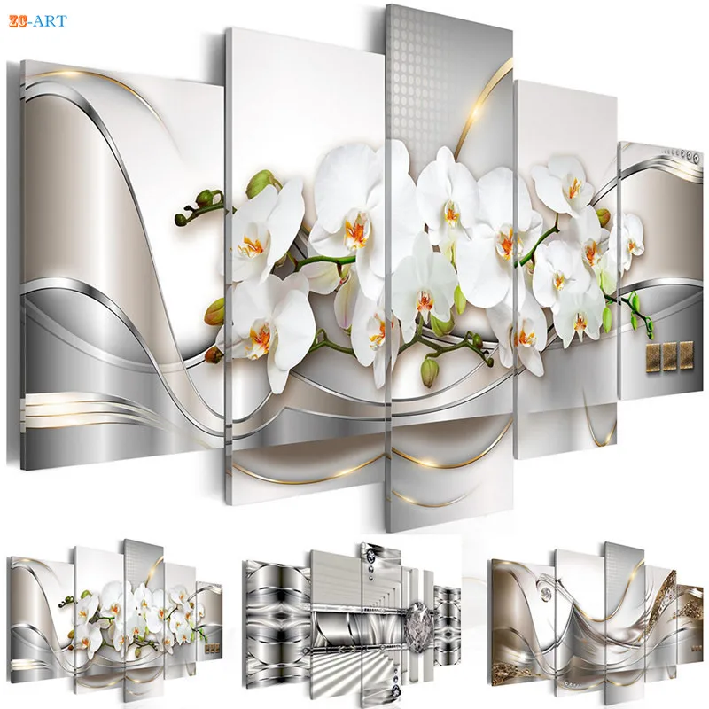 Biele Kvety Orchidey Vytlačí Plagát Nástenné Maľby 5 Panel Pastel Flóry Moderné Nástenné Art Canvas pre Obývacia Izba Domova