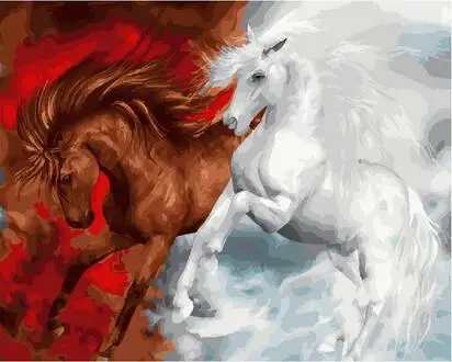 Biely kôň a hnedý kôň Farba Číslo Auta Diy Maľby akrylom Na Plátne pre obývacia izba domova