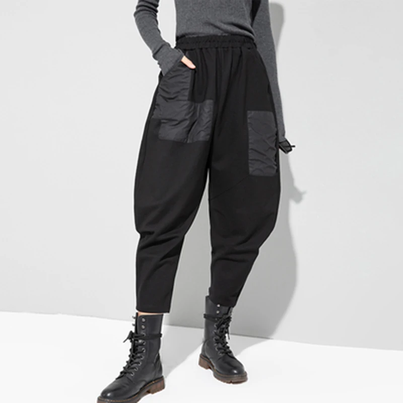 CHICEVER Hárem Nohavice Pre Ženy, Vysoký Pás Voľné Plus Veľkosť Patchwork Hit Farba Vrecká Streetwear Čierne Nohavice Žena 2020 Tide