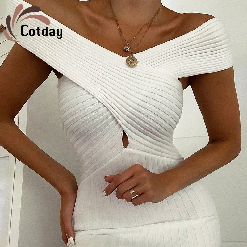 Cotday Mimo Ramenný Pletené Kríž S Uväzovaním Za Sexy Biele Duté Sa V Lete Roku 2020 Nové Príležitostné Mini Elegantný Plášť Šaty