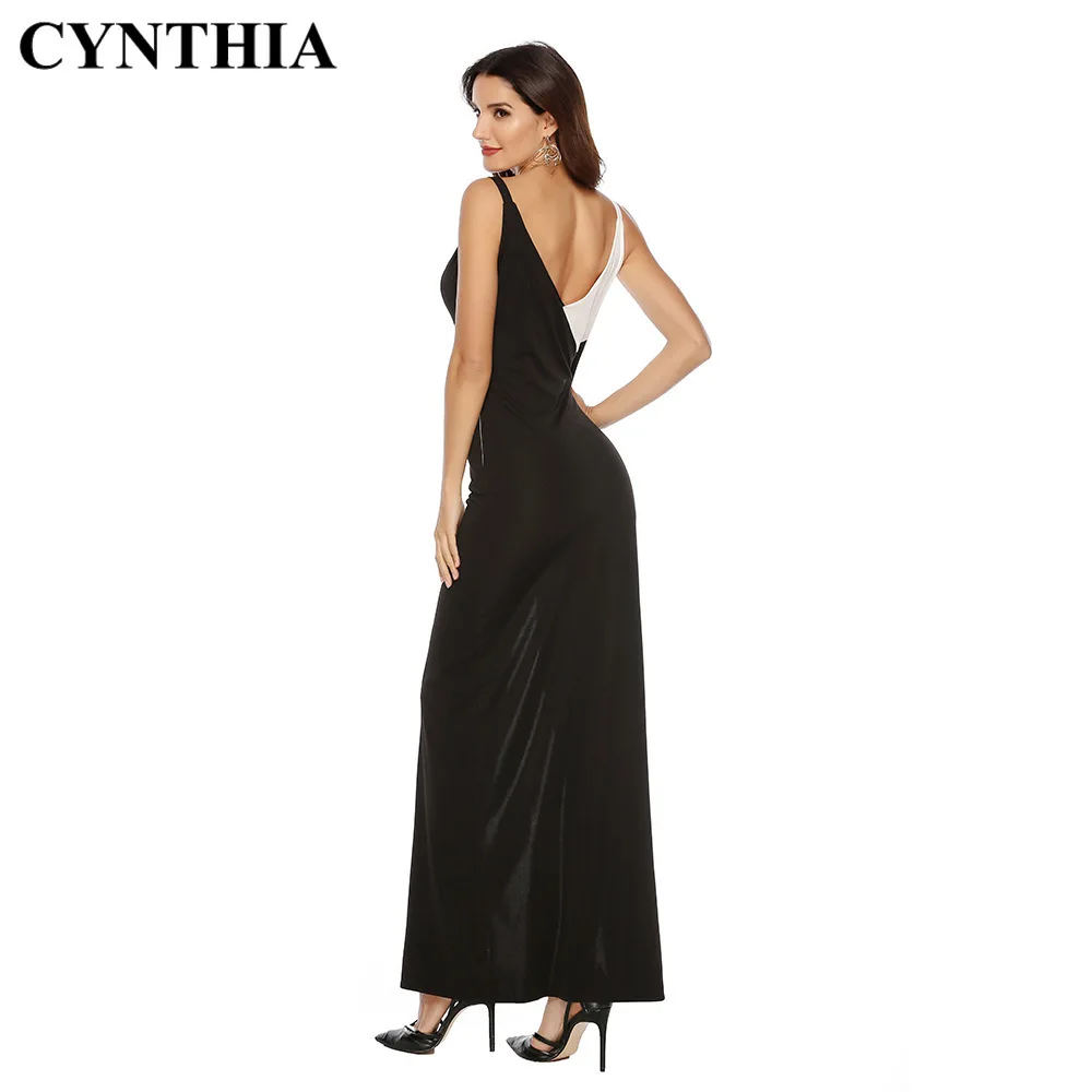 CYNTHIA Jarné dámske Večerné Šaty Formálne Šaty V-neck Black White Šitie Košieľka Štrbinou Formálne Šaty Elegantné