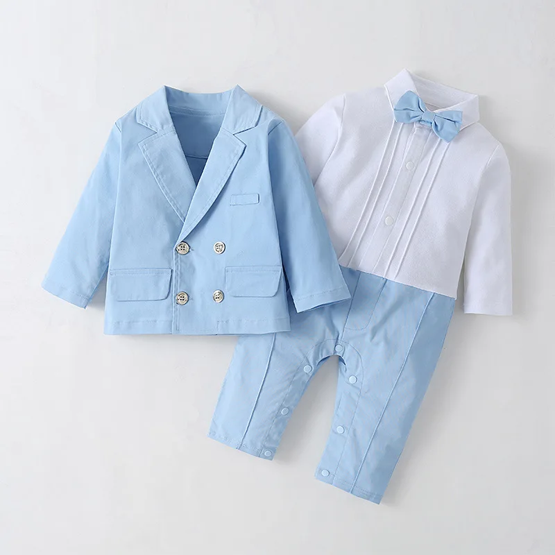 Detské Oblečenie Formálne Chlapci Remienky Oblek pre Novorodenca Sky Blue Sady Jar Jeseň Sako + Romper Jumpsuit Dojčenské Oblečenie