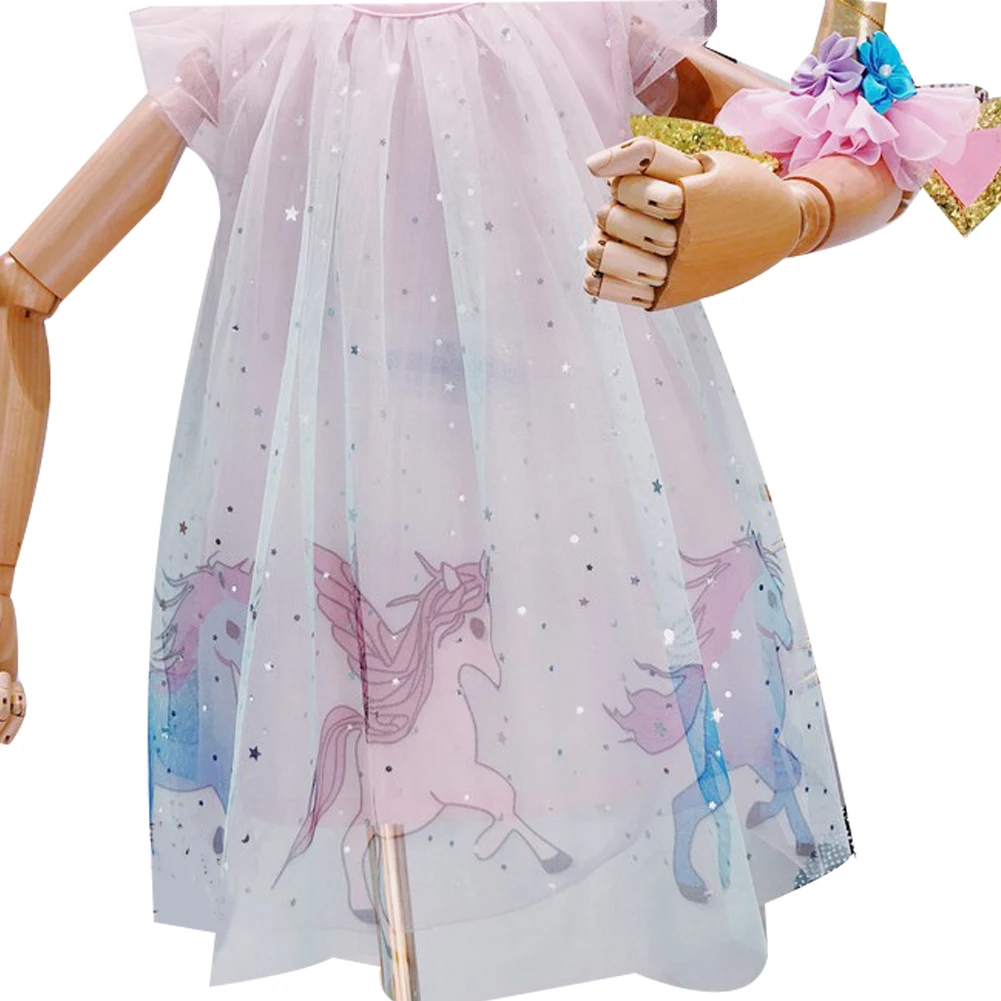 Dieťa Deti, Dievčatá, Letné Šaty s Čipkou Oka Prehrabať Jednorožec bez Rukávov Multi-Layer Sladká Princezná Šaty s Jednorožec Vlasy Kapely