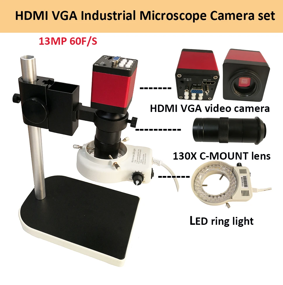 Digitálny HDMI VGA Priemyselné Mikroskopom videa Mikroskopom sady HD 13MP 60F/S+130X C mount objektív+LED prsteň Svetla +kovový stojan
