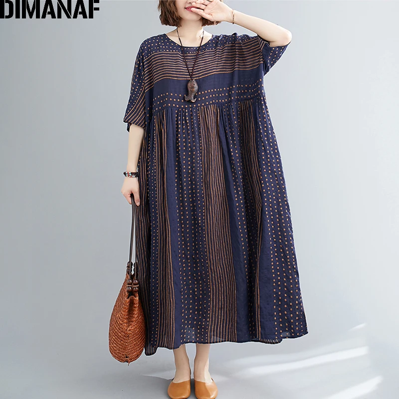 DIMANAF Lete Plus Veľkosť Šaty Maxi Vintage Bavlna Pruhované Tlač Ženy Oblečenie Elegantná Dáma Vestidos Sundress Voľné Skladaný 5XL