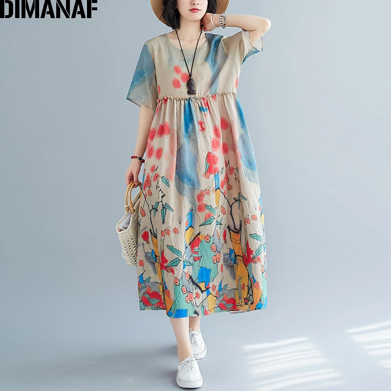 DIMANAF Plus Veľkosť Ženy Šaty Žena Vestidos Lete Sundress Oblečenie Prairie Elegantné Voľné Tlač na Kvetinový Lady Elegantné Dlhé Šaty
