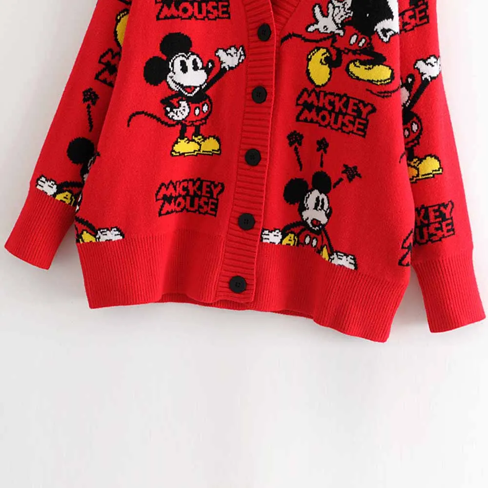 Disney Štýlový Mickey Mouse Karikatúra Tlače tvaru Cardigan Single-breasted Streetwear Červená Ženy Pletený Sveter s Dlhým Rukávom Topy