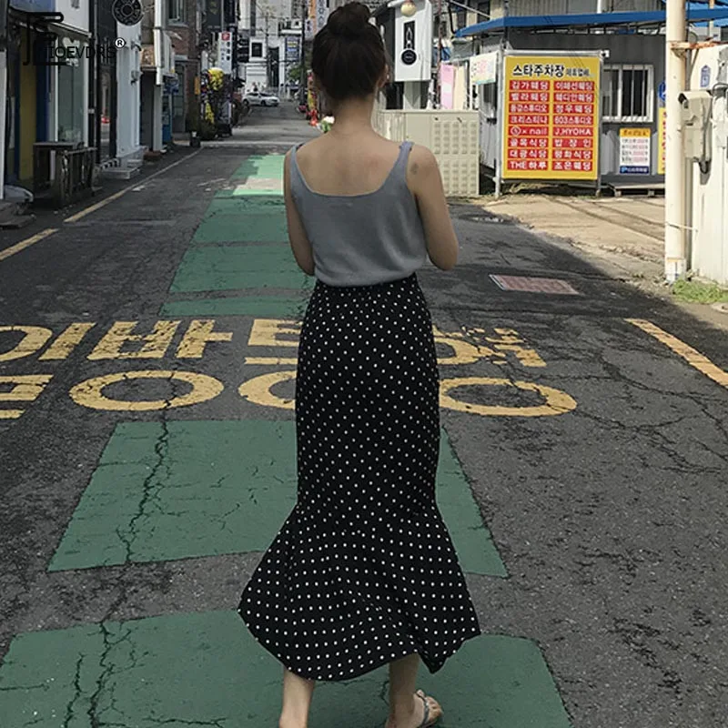 Dizajn Sukne dámske Letné Japonsko Kórea Dizajn Temperament Pohodlné Rozstrapatené Morská víla Malé Čierne Polka Dot Sukne s Vysokým Pásom