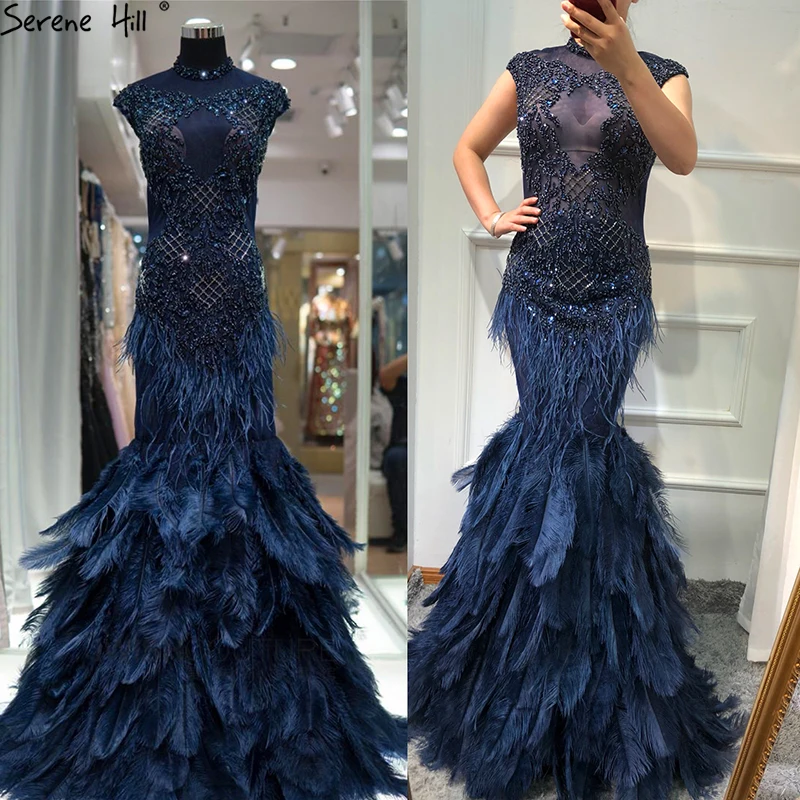 Dubaj Luxusné Blue Diamond Lištovanie Večerné Šaty 2020 Perie Morská víla bez Rukávov Sexy Večerné Šaty Real Foto LA60734