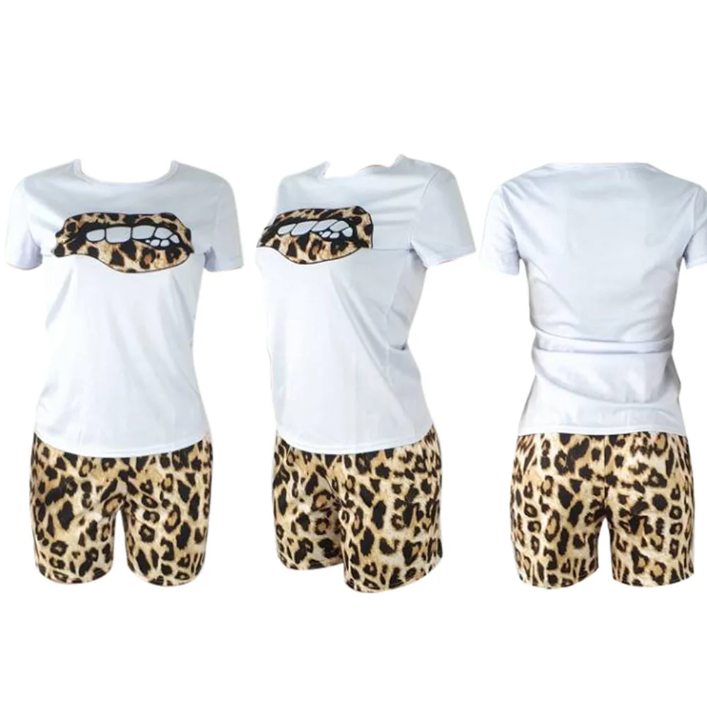 Dve Peice Sada pre Ženy Lete Roku 2020 Módne Pery Tričko a Leopard Šortky 2 Kus Zodpovedajúce Nastavenie Oblečenie Conjunto 2 Piezas Mujer