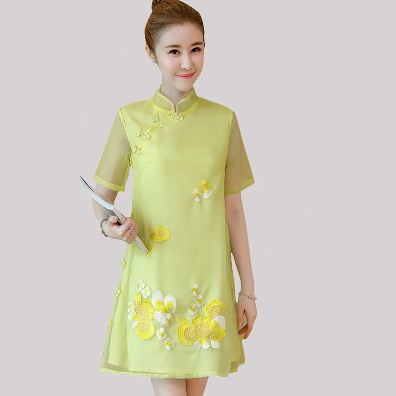 Dámske letné 2019 sexy Vintage cheongsam výšivky Vyšívaný Kvetinový kvet dámy práce voľné blúzky, pláž Bežné party šaty
