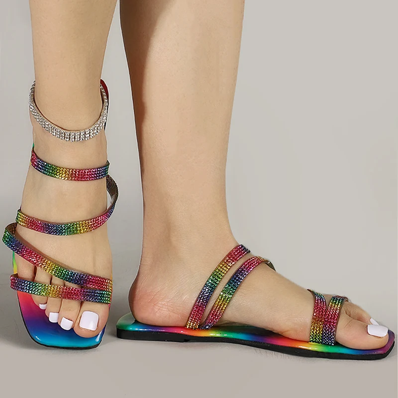 Dámske Papuče Kamienkami Sandále Candy Farby Dámy Bling Rainbow Ploché Topánky Žena Listov Flip Flops Letné Beach 2021 Nové