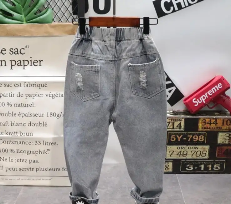 Džínsy chlapec nohavice deti otvor nohavice list vytlačený džínsy deti, deti nohavice retro šedé nohavice vhodné pre 2-7 rokov