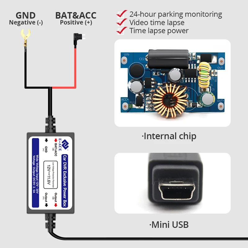 E-ACE Mini USB Kábel Transformátora Pre Automobilové Dvr Buck Riadok 3 Metrov 12V 5V 2.5 Auto Nabíjačka, 24 Hodín denne a Parkovanie Monitor