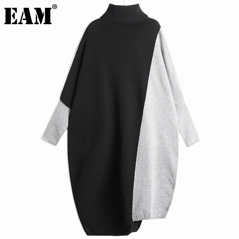 [EAM] Ženy Veľké Veľkosti Pozdĺžne Asymetrické Pletenie Šaty Nové Turtleneck Dlhý Rukáv Loose Fit Móda Jeseň Zima 2021 1DD3061