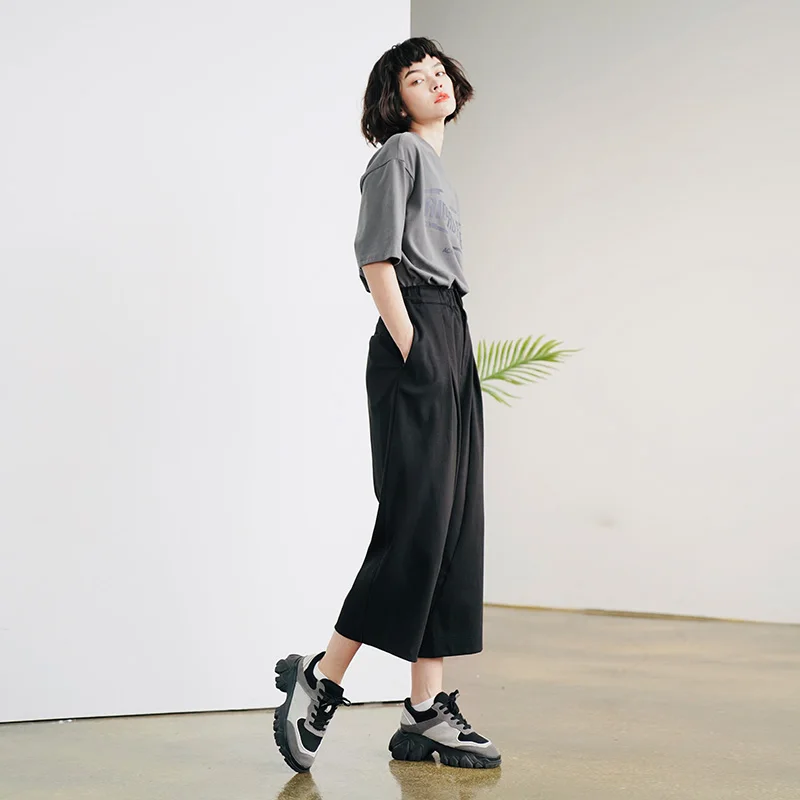 Elastický pás nohavíc ženy nového roku 2020 chun xia black široký-legged nohavice deväť minút nohavice žena voľné black slacks