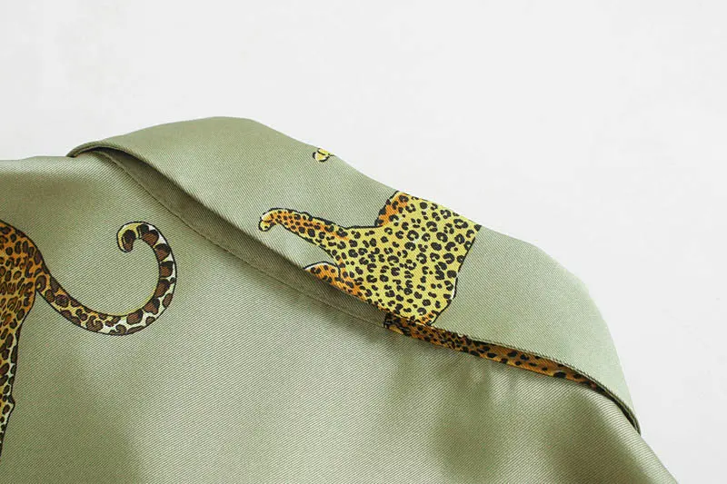 Elegantné Leopard Zviera Tlače Tričko Ženy Zelená Dlhý Rukáv Voľné Tlačidlo Hodvábna Blúzka Módne Dámske Košele Tunika Plus Veľkosť